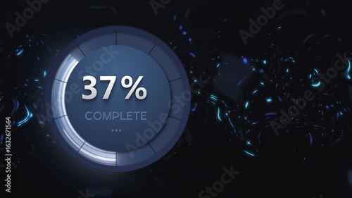 Futuristic loading animation template. Particle flow with glow in a ring and numbers in percentage, at the end the inscription 