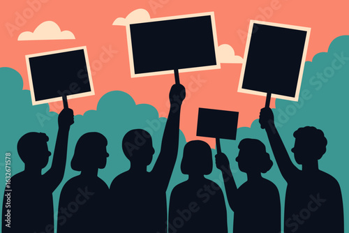 Vector illustration of a crowd holding signs and flags in protest, with a group of activists raising fists and banners in a peaceful demonstration for social causes