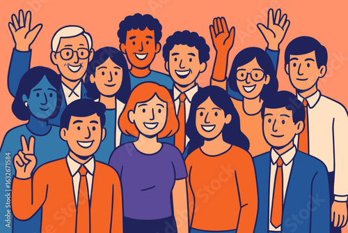 A diverse group of individuals from various backgrounds stand united, representing a team of colleagues, students, and joyful men and women in a global community, symbolizing friendship
