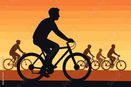 A couple is depicted riding bicycles in multiple poses against a plain white backdrop