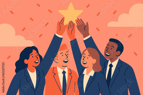 Flat design vector illustration on a white background depicting a group of cheerful businesspeople celebrating with confetti and smiling as they hold an award medal, symbolizing a business team