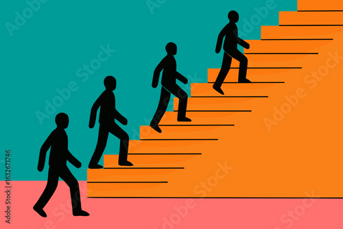 A man is illustrated in various poses with stairs in vector cliparts, including walking up and down, as stick figures or silhouettes in a pictogram icon set