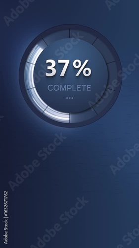 Futuristic technological loading or charging animation template. Particle flow with glow in a ring and numbers in percentages, at the end the inscription 