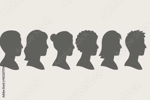 A grayscale avatar, user profile, person icon, and gender-neutral silhouette serve as a profile picture for unknown or anonymous individuals, alongside man and woman portraits for social profiles