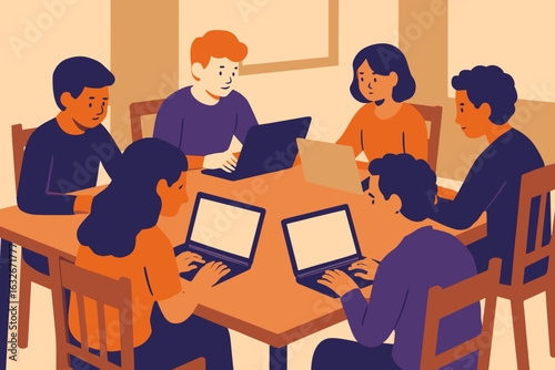 Design a dynamic vector illustration featuring a multicultural group of individuals working together on code at a lively hackathon, including laptops, energy drinks, and a whiteboard