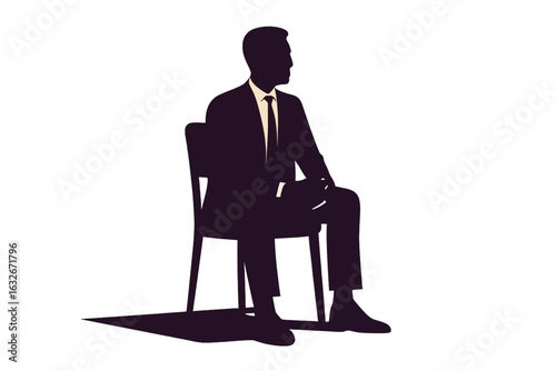 Men in business attire are depicted in a range of seated positions against a simple backdrop