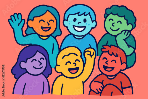 A collection of cheerful and inquisitive individuals, comprising joyful men and women who are waving and exchanging greetings