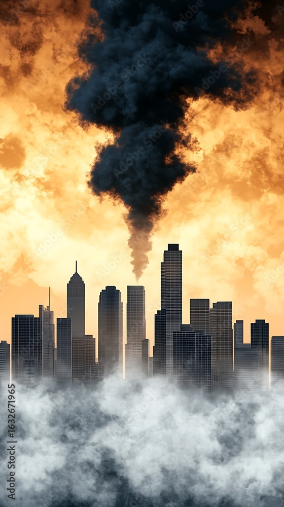 Obraz premium Dark Smoke Rising Over Urban Skyline at Sunset Environmental Impact Carbon Recycling Factories Cityscape