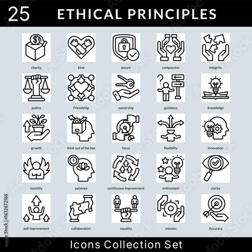 Ethical Principles icon set collection in outline style. an icon pack contain charity, kind, secure, compassion, integrity, justice, friendship, ownership, guidance, knowledge