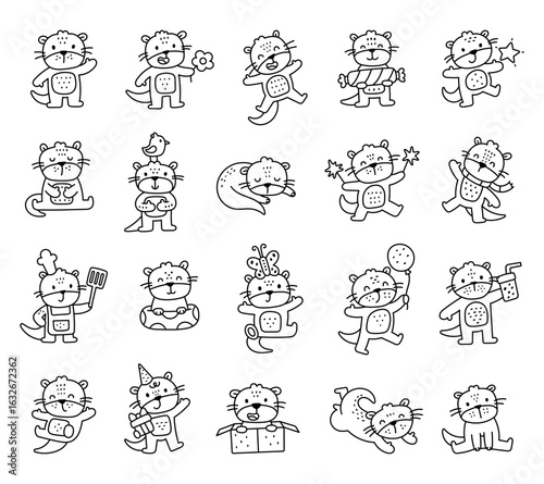 Otter character set in outline line art with different emotions poses holding objects including flower, candy, gift, spatula, scarf, balloon, party hat, sparkler and box for designs projects