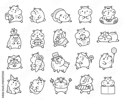 Hamster character set in outline line art with different emotions poses holding objects including backpack, smartphone, cookie, carrot, flower, balloon, party hat, sparkler and box
