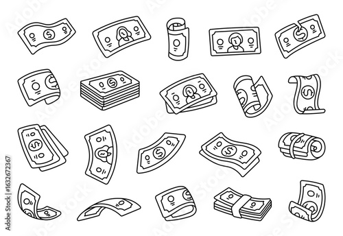 Dollar money set in outline line art with various forms banknotes, paper currency cash bills for finance payment saving budget and creative designs projects