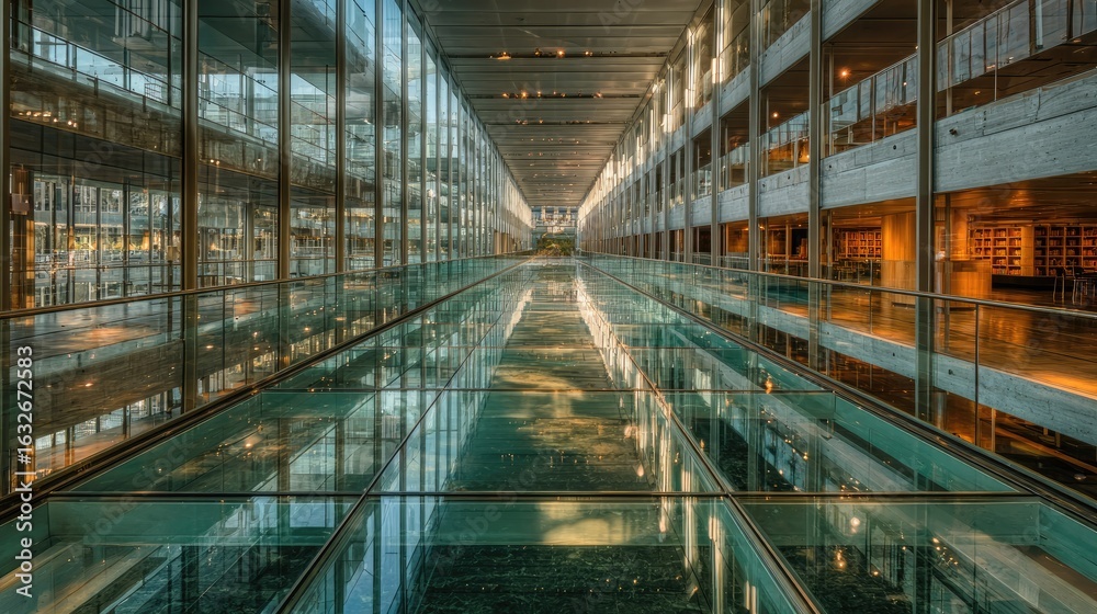 Fototapeta premium Modern glass-walled hallway with reflecting floor
