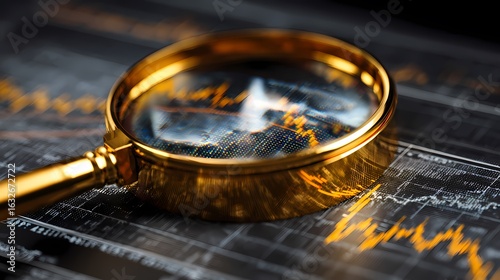Magnifying Glass Analyzes Stock Chart. Concept depicts financial analysis, investment strategy. Great for marketing, web use, and finance editorial.