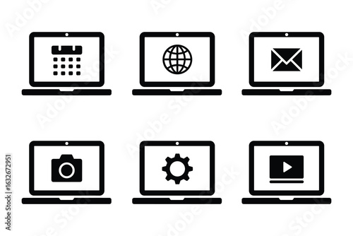 Set of six laptop icons with different symbols computer
