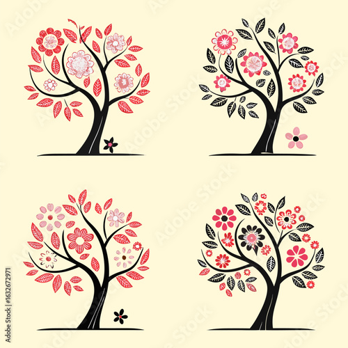 Vector illustration set of four seasons trees with colorful leaves and flowers
