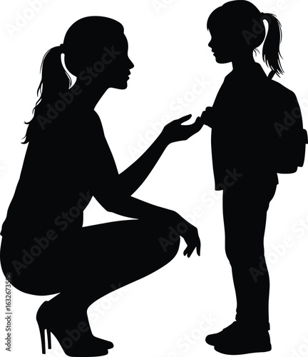vector illustration of mother talking to child with backpack, silhouette design, parenting moment, family care, educational support, emotional bond graphic.