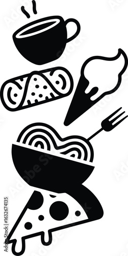 Italian Food Menu: Coffee, Pasta, Pizza, Ice Cream, Cannoli;  Bold Black and White Graphic Design.