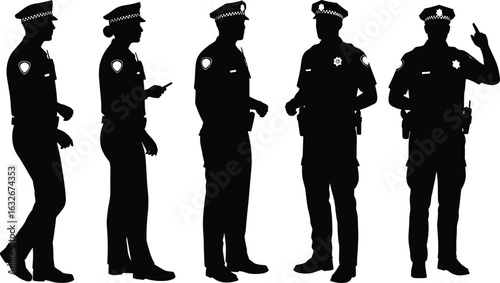Cad drawing flat vector illustration of police officers silhouettes, standing, walking, pointing, holding devices, side and front views, uniformed, black outline, isolated design.
