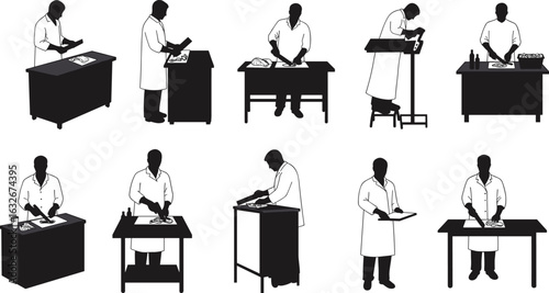 Cad drawing flat vector illustration, doctor silhouette performing surgery, medical professional at work, hospital operation room, black vector, surgical procedure scene