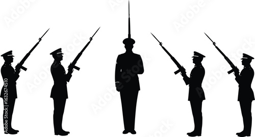 Cad drawing flat vector illustration, military honor guard, rifle salute, ceremonial formation, armed forces tribute, soldier silhouettes, uniformed men, black vector design, tradition ceremony