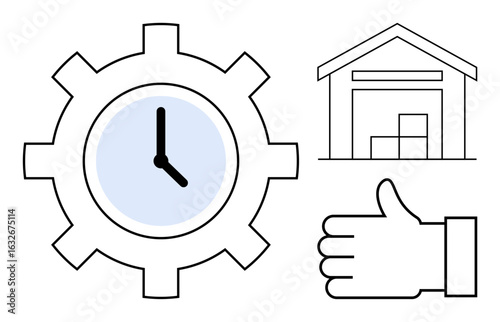 Gear with clock, warehouse with stacked boxes, and thumbs-up hand. Ideal for supply chain, logistics, organization, project management, time tracking, operational efficiency simple landing page