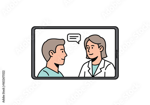A patient consults with a doctor online via tablet for a telehealth checkup in a clean and simple