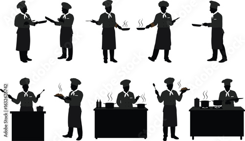 Chef silhouette vector set, professional cook, kitchen staff, cooking action, holding food, restaurant scene, culinary work, stove top cad drawing flat vector illustration