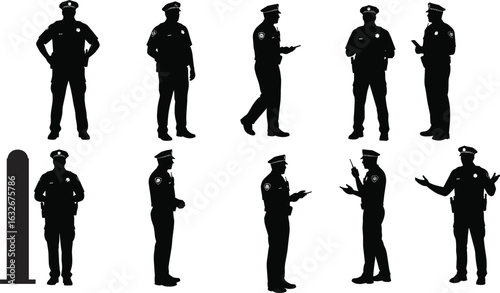 Police officer silhouette vector set, standing, walking, talking, holding radio, law enforcement team, patrol security pose, duty role cad drawing flat vector illustration