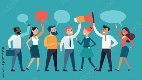 Vector art of a diverse group of people holding signs and megaphones, raising their voices in a protest or demonstration for social change