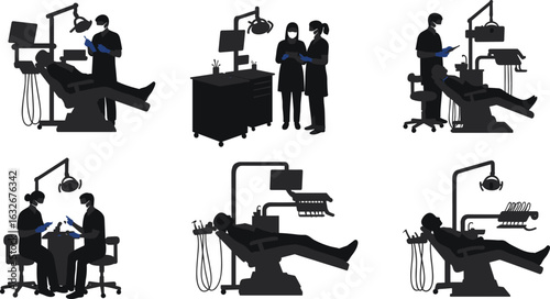CAD drawing flat vector illustration, dental clinic scene, dentist with patient, healthcare staff, dental equipment setup, oral care, silhouette style, medical professionals working