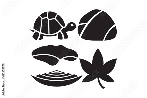 Simple black silhouette icons of nature elements and a tortoise