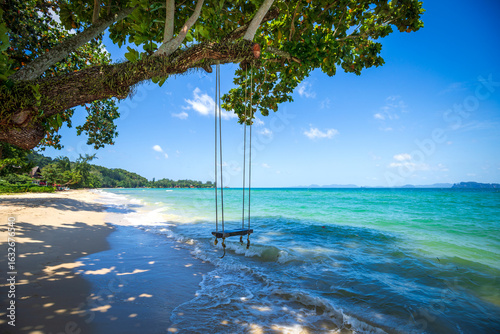 Swinging on a magnolia tree on the paradise beach of Tubkaek in Krabi, Thailand
