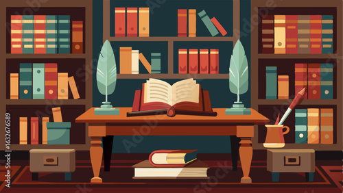 An elegant antique writing desk with a quill pen and inkwell surrounded by bookshelves filled with leatherbound novels.