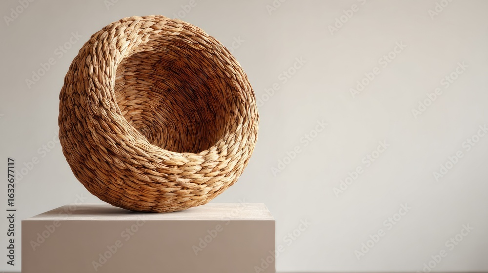 Obraz premium Round woven basket sculpture on pedestal