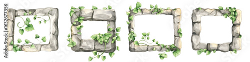 Set watercolor stone rectangle frames rock borders with green creeping ivy leaves creeper isolated on transparent background