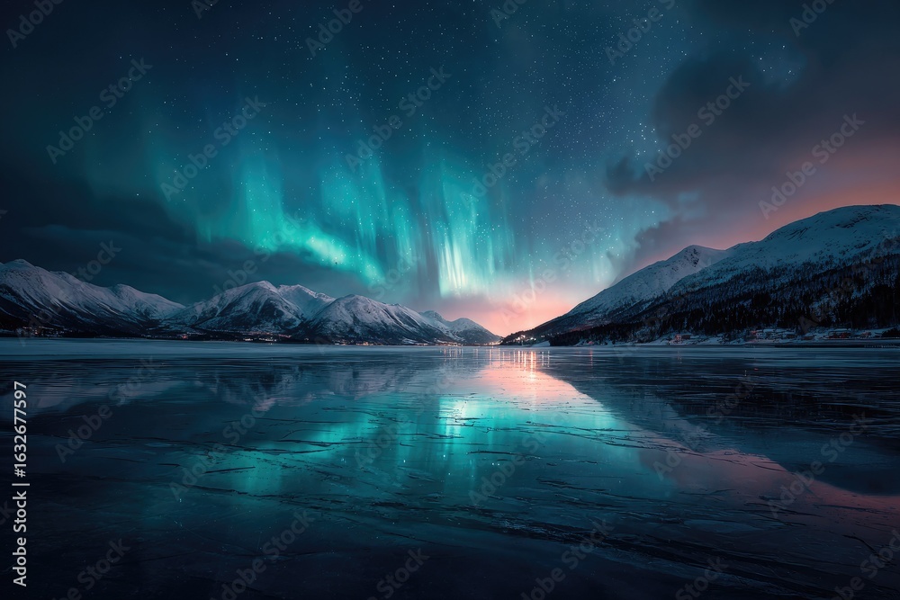 Naklejka premium Aurora borealis over frozen lake, mountains