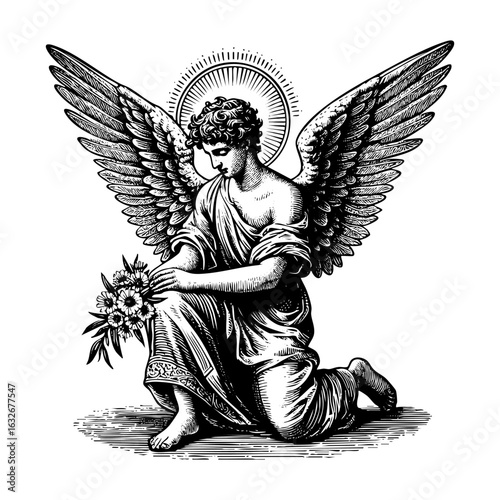 Intricate engraved illustration of	Man wear wing with halo holding bouquet flower Vector Black and White Illustration