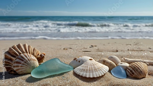 Fototapeta Naklejka Na Ścianę i Meble -  Seashells and sea glass on a sandy beach with ocean waves in the background on a sunny day scene