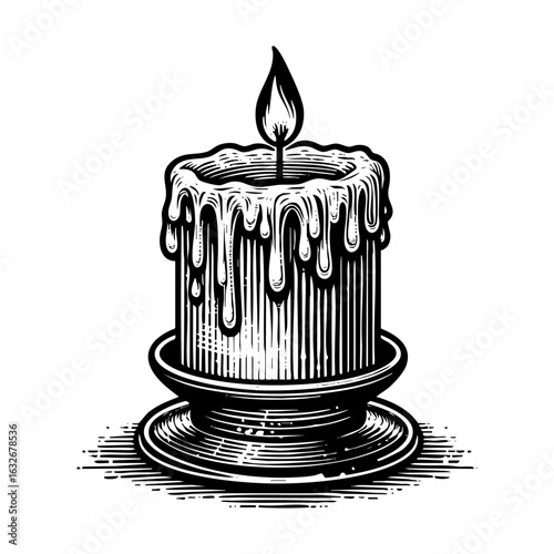 Candle burned on candlestick Black and White Detailed Illustration