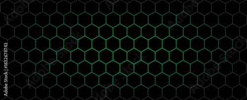 Dark hexagon abstract technology background with blue and green colored bright flashes under hexagon. Hexagonal gaming vector tech illustration black abstract background.
