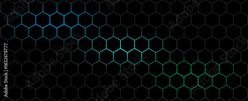 Dark hexagon abstract technology background with blue and green colored bright flashes under hexagon. Hexagonal gaming vector tech illustration black abstract background.