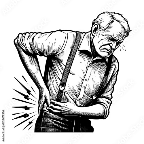 Stressed Grandfather Businessman Suffering from Back Pain in Black and White on White Background