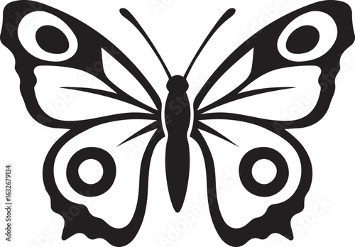 Butterfly silhouette with prominent eye spots, Distinctive insect vector in black and white
