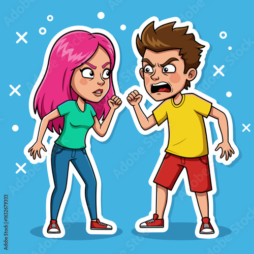 Cartoon characters arguing with fists raised on blue background  