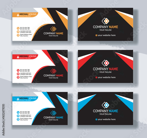 Modern Business Card Designs Featuring Geometric Shapes and Contact Information for Professional Networking and Corporate Identity