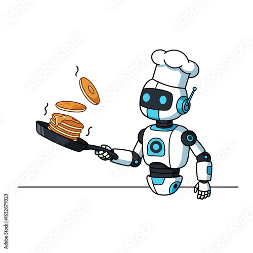 Robot chef flipping pancakes in modern kitchen setting  