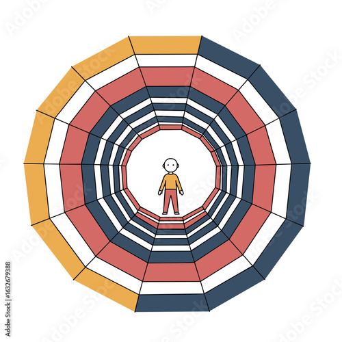 Person standing inside a colorful geometric tunnel structure  