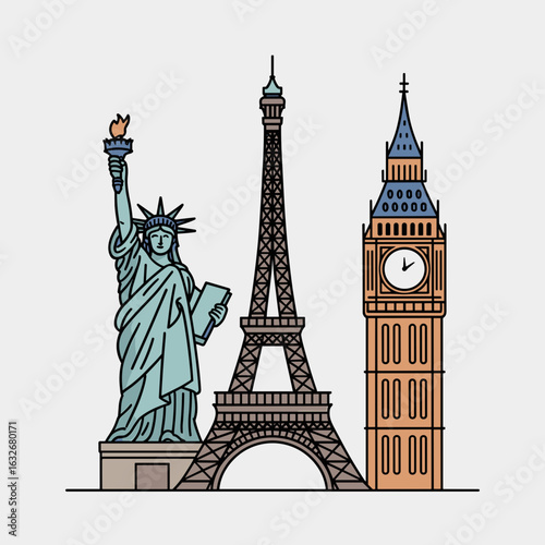 Famous World Landmarks Line Art – Statue of Liberty, Eiffel Tower, Big Ben