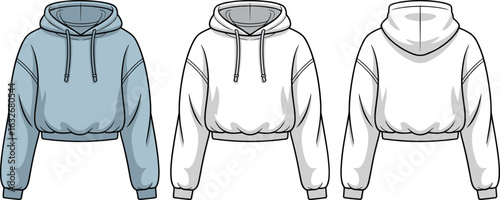 Cropped hoodie sketch, front view, back view, drawstring hood, ribbed cuffs, ribbed hem, long sleeves, fashion illustration, garment template